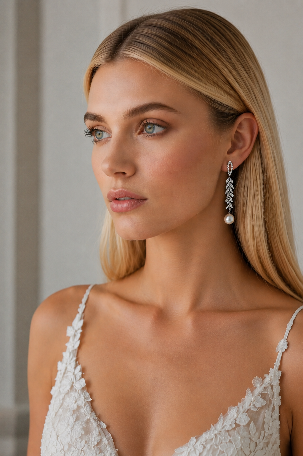 Aretes Colgantes de Brillantes y Perla