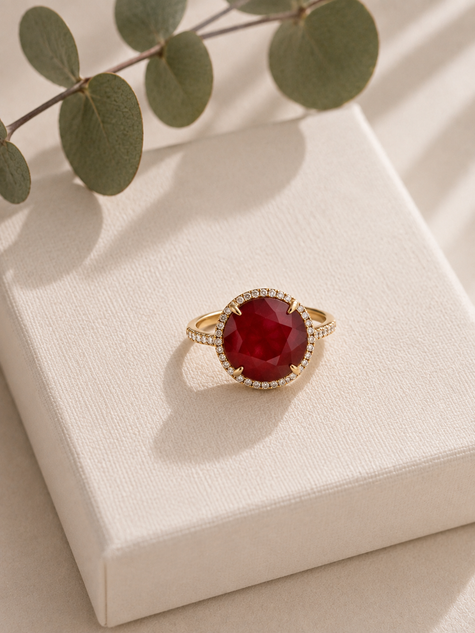 Anillo de Oro 14K con Rubí y Brillantes 2.5 K