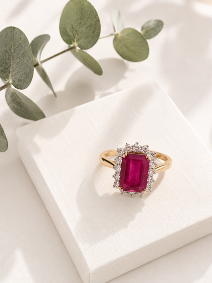 Anillo de Oro 14K con Rubí y Brillantes 2.5 K