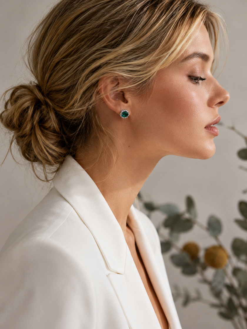 Aretes de Esmeraldas y Brillantes en Oro Blanco