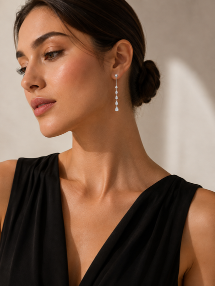 Aretes Largos de Oro 14K con Brillantes de Laboratorio