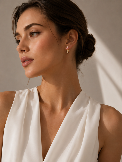 Huggies de Oro 14K con Zafiros Rosas y Brillantes
